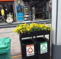 環衛91蝌蚪九色垃圾桶上栽花，成為城市風景線